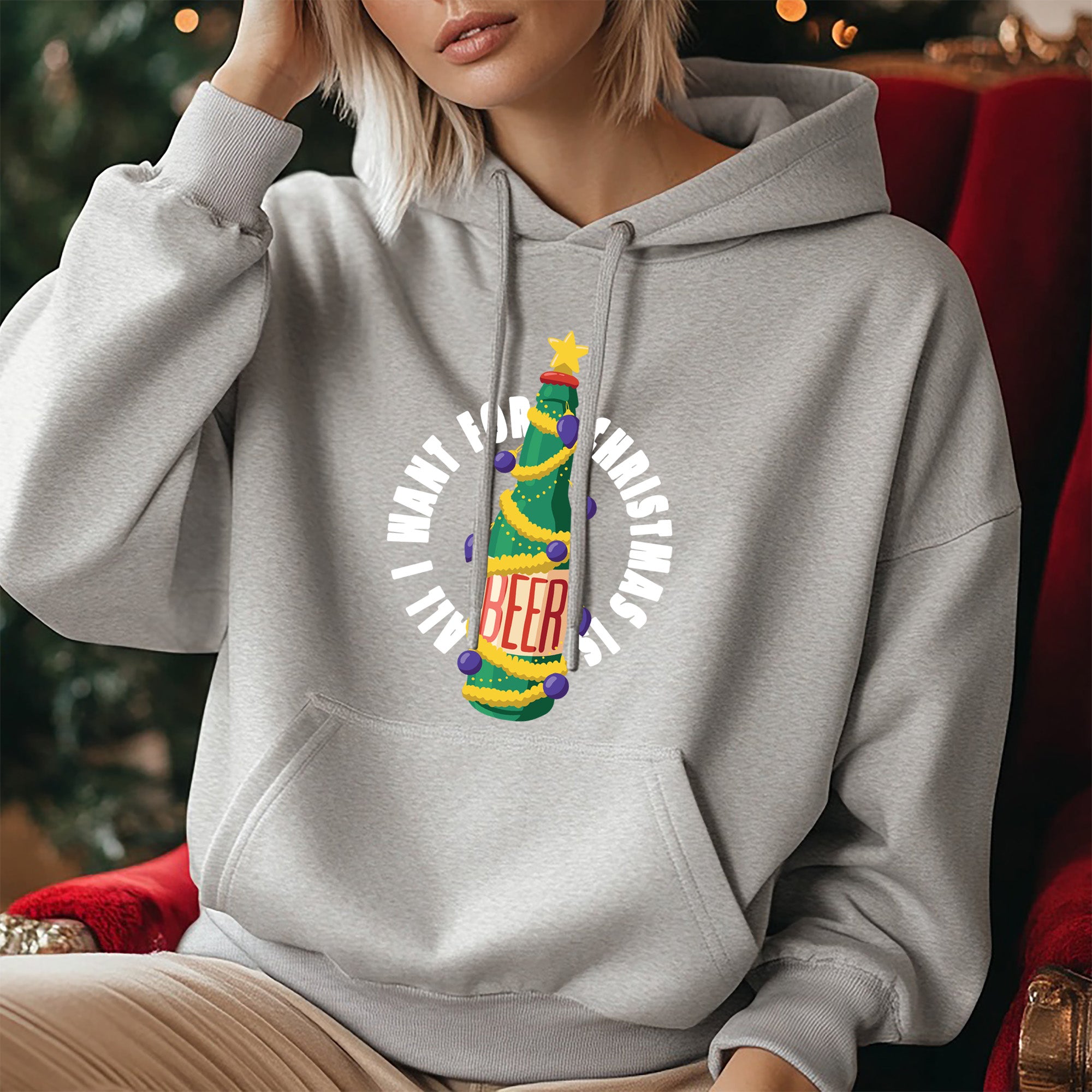 Grey Marl Christmas Beer Hoodie - Festive Winter Apparel