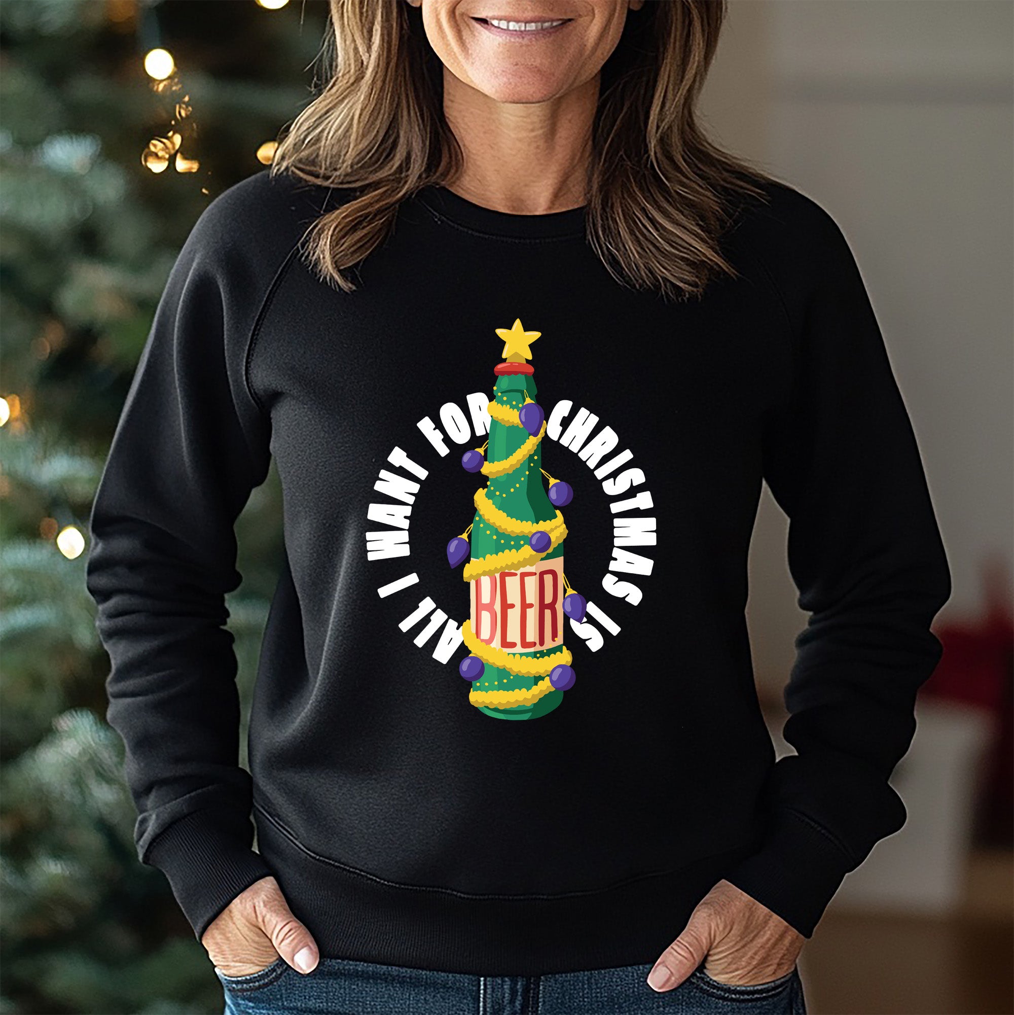 Weihnachts-Sweatshirt mit Bier-Grafik, schwarz – Festliche Feiertagsbekleidung