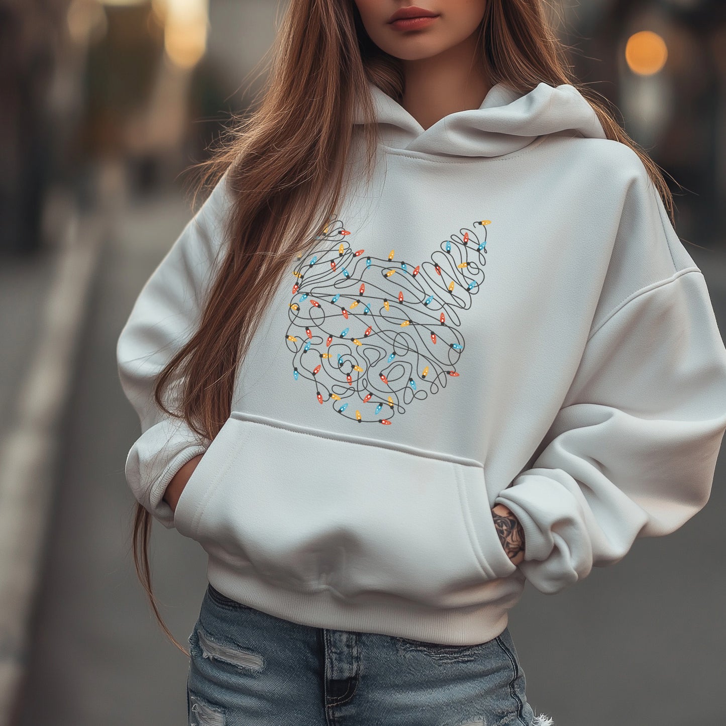 White Christmas Hoodie with Cat Head Silhouette and Festive Lights