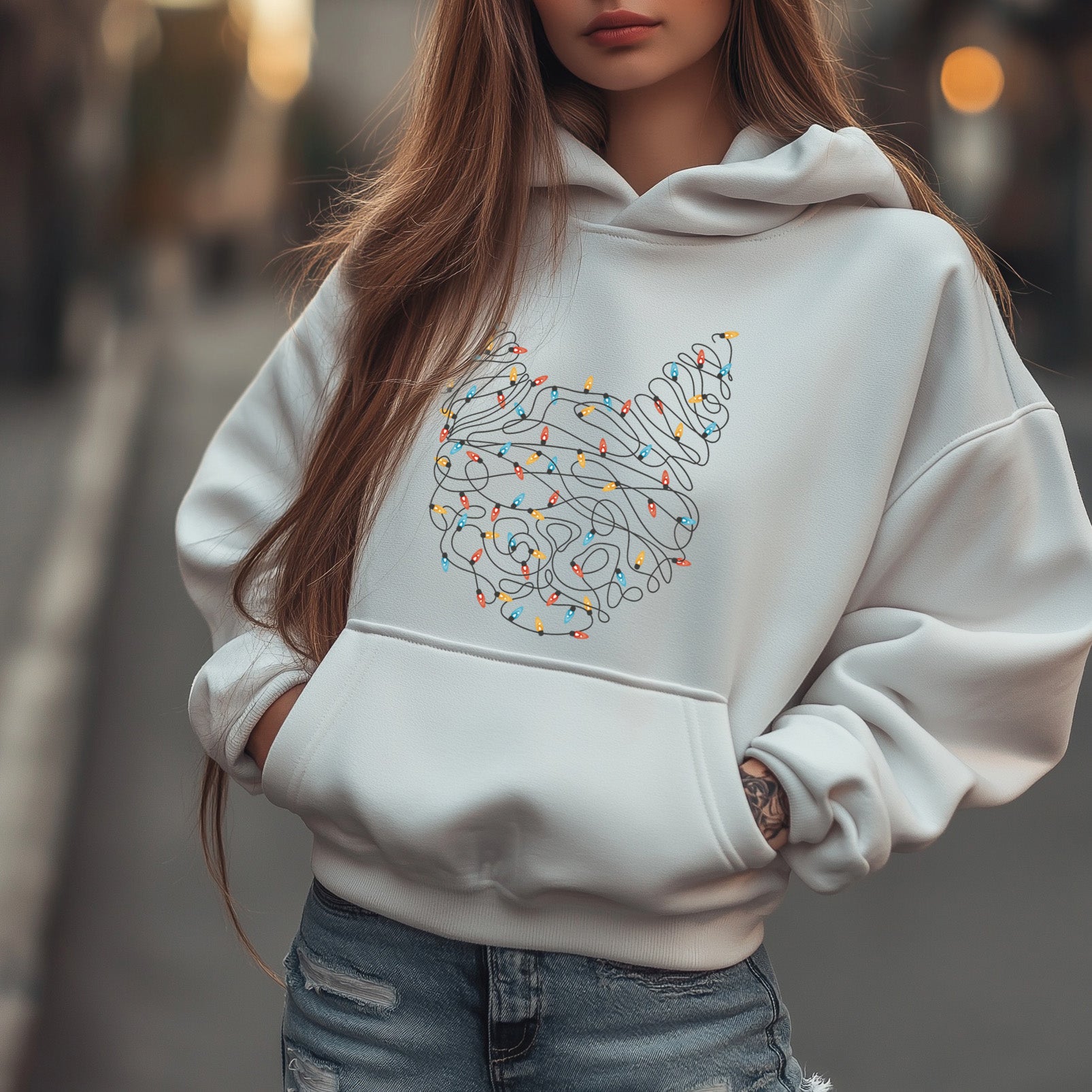White Christmas Hoodie with Cat Head Silhouette and Festive Lights