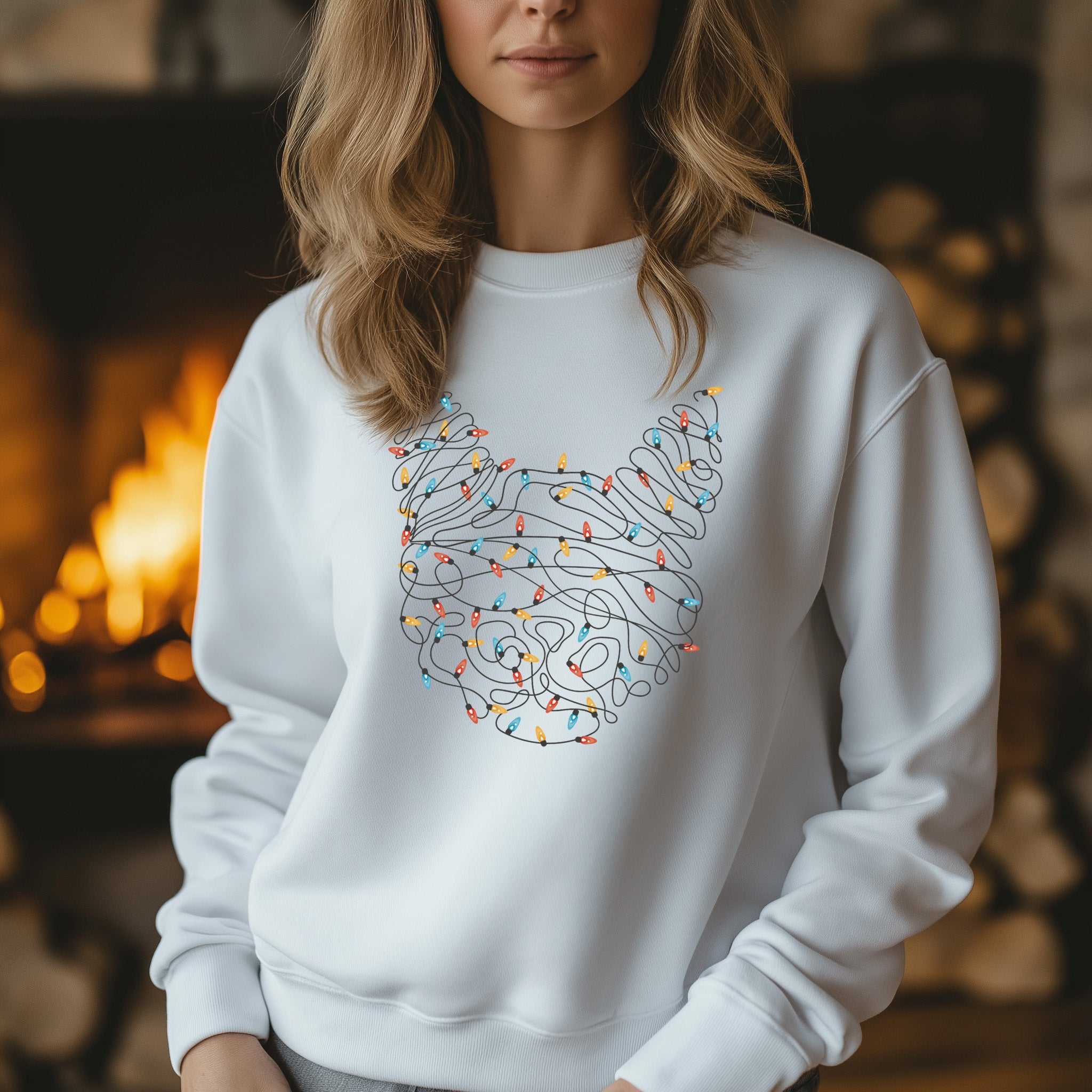 Katzenkopf-Silhouette mit Weihnachtslichtern Gemütliches Urlaubs-Sweatshirt