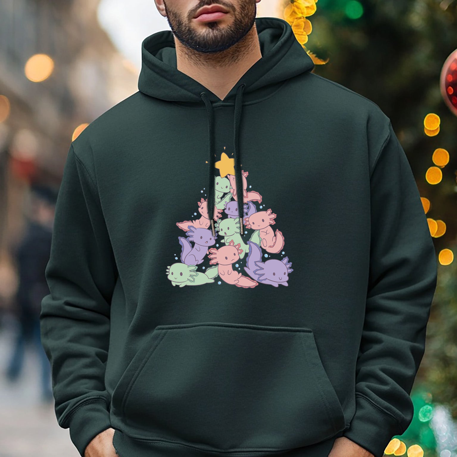 Axolotl Christmas Tree Dark Green Hoodie - Festive Holiday Apparel