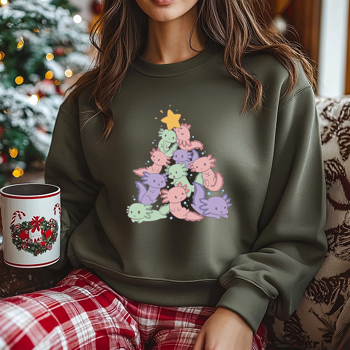 Axolotl Weihnachtsbaum Festliches Sweatshirt - Holiday Green Edition