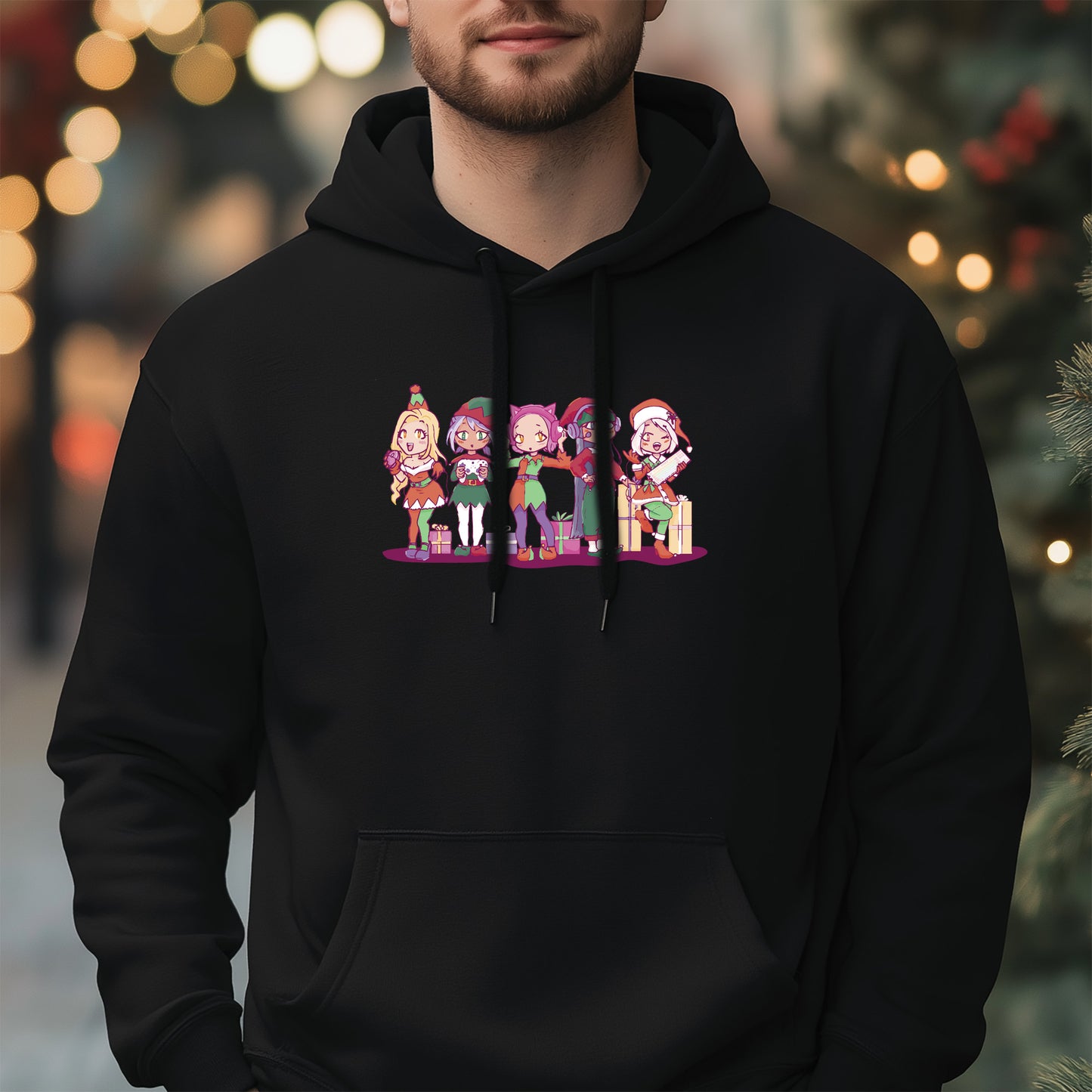Anime Gnomes Black Hoodie - Festive Christmas Edition