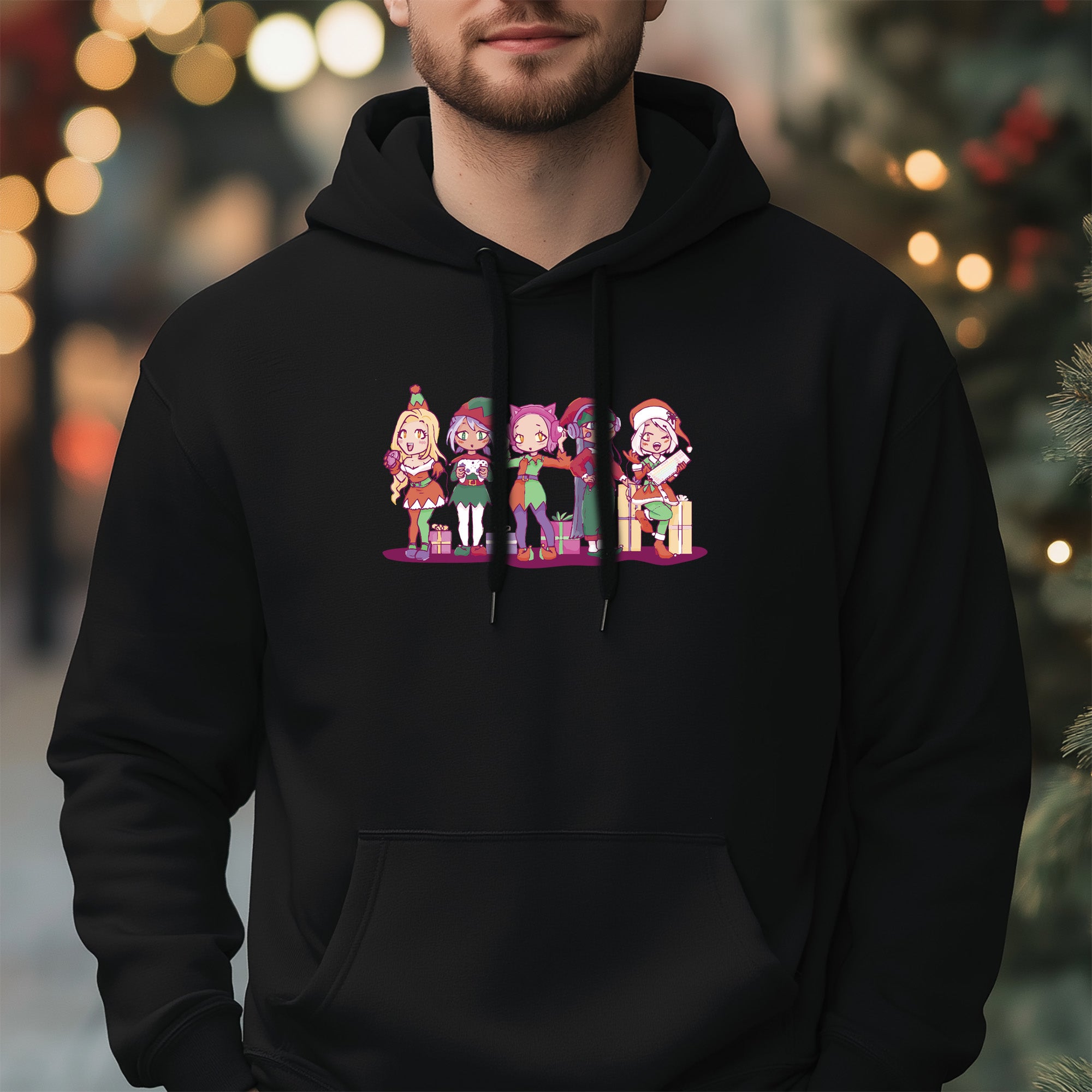 Anime Gnomes Black Hoodie - Festive Christmas Edition