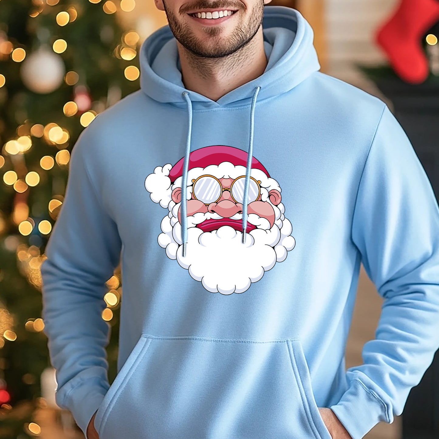 Blue Christmas Hoodie with Santa Head Design