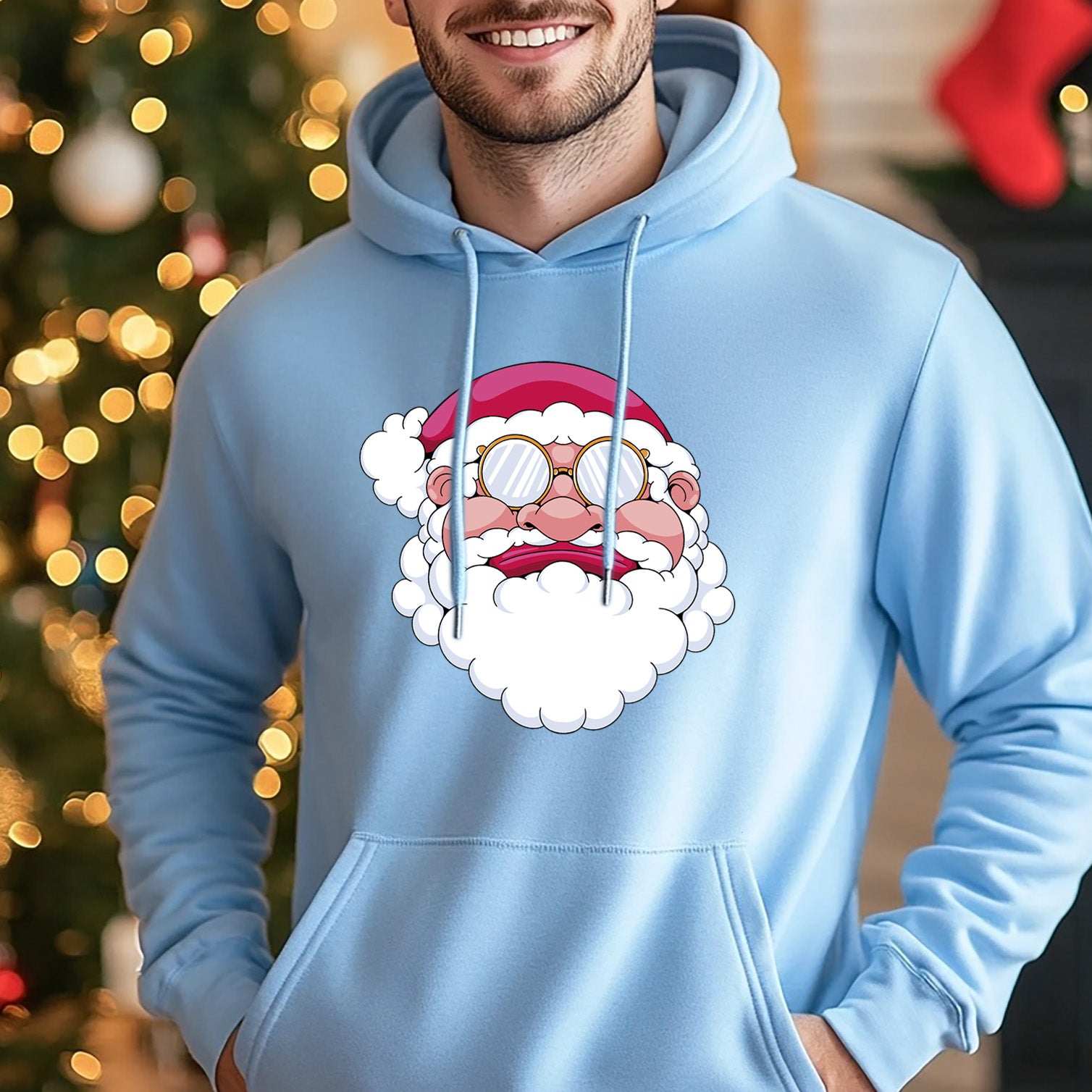Blue Christmas Hoodie with Santa Head Design