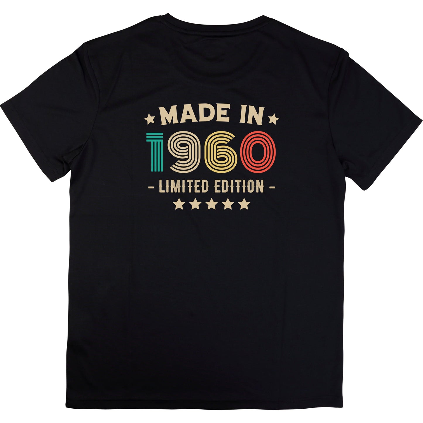 Black t-shirt with 'Made in 1960 Limited Edition' text on a white background