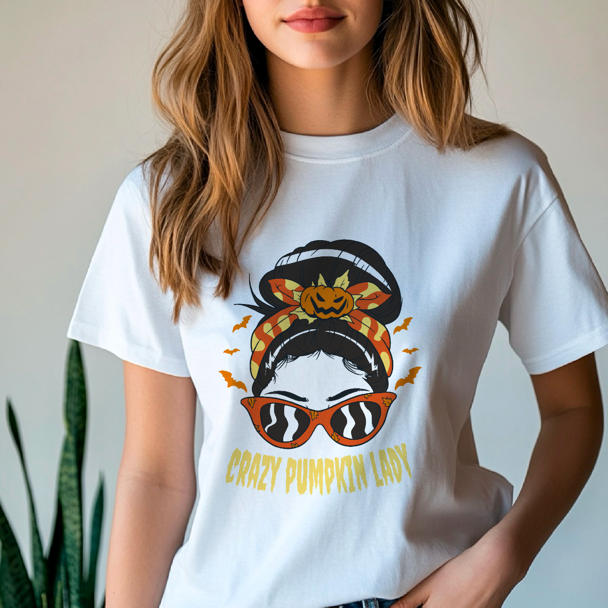 Crazy Pumpkin Lady Witch Halloween Graphic Organic Cotton T-Shirt