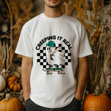 Creeping It Real – T-Shirt aus Bio-Baumwolle mit Halloween-Geist und Skateboard-Grafik