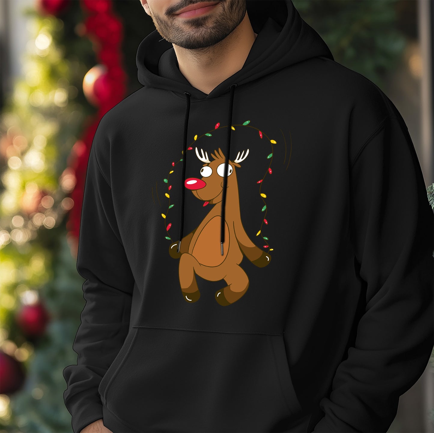 Schwarzer Kapuzenpullover mit Rentier- und Weihnachtsbeleuchtung: Festliche Feiertagsbekleidung