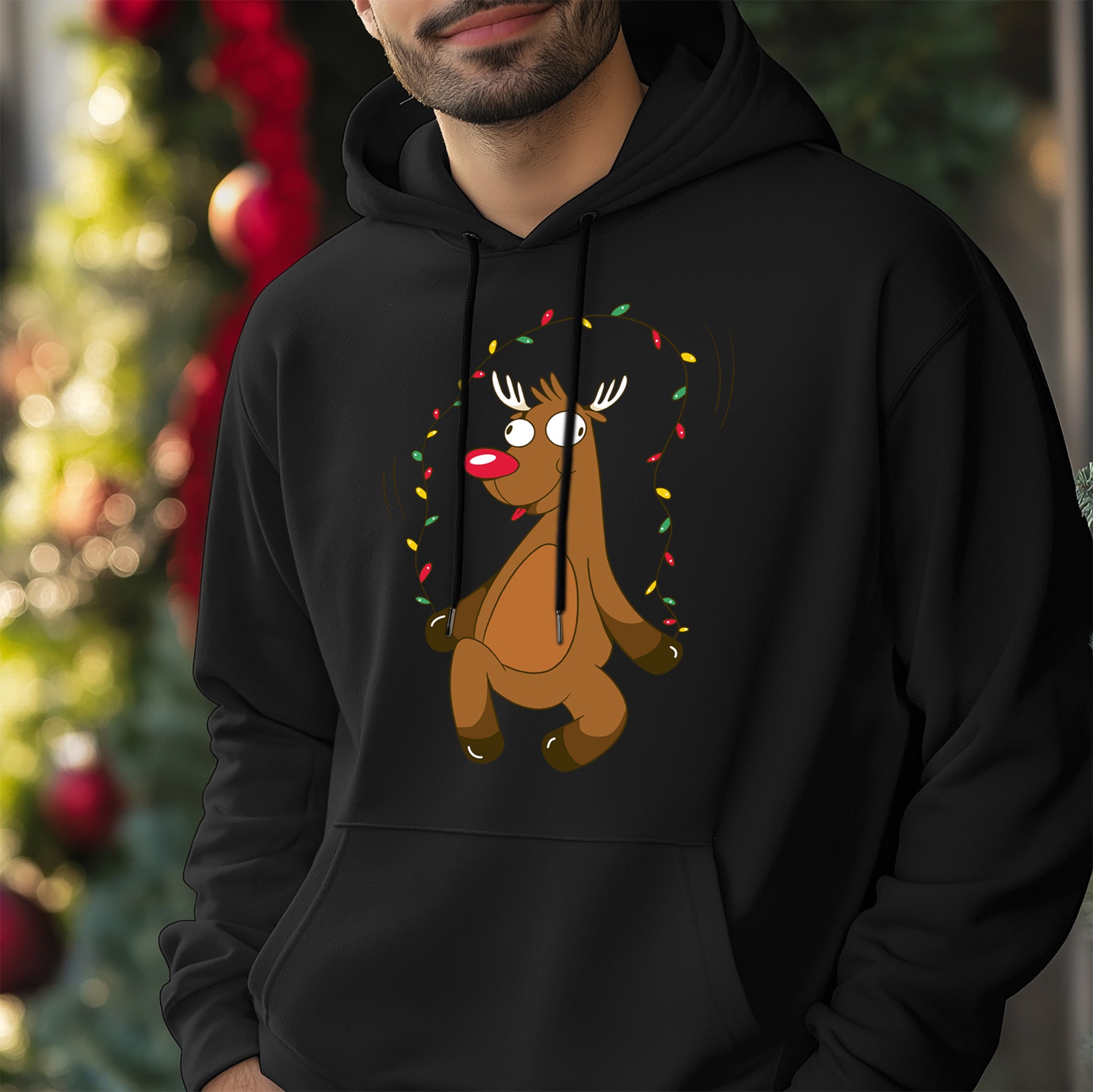 Schwarzer Kapuzenpullover mit Rentier- und Weihnachtsbeleuchtung: Festliche Feiertagsbekleidung