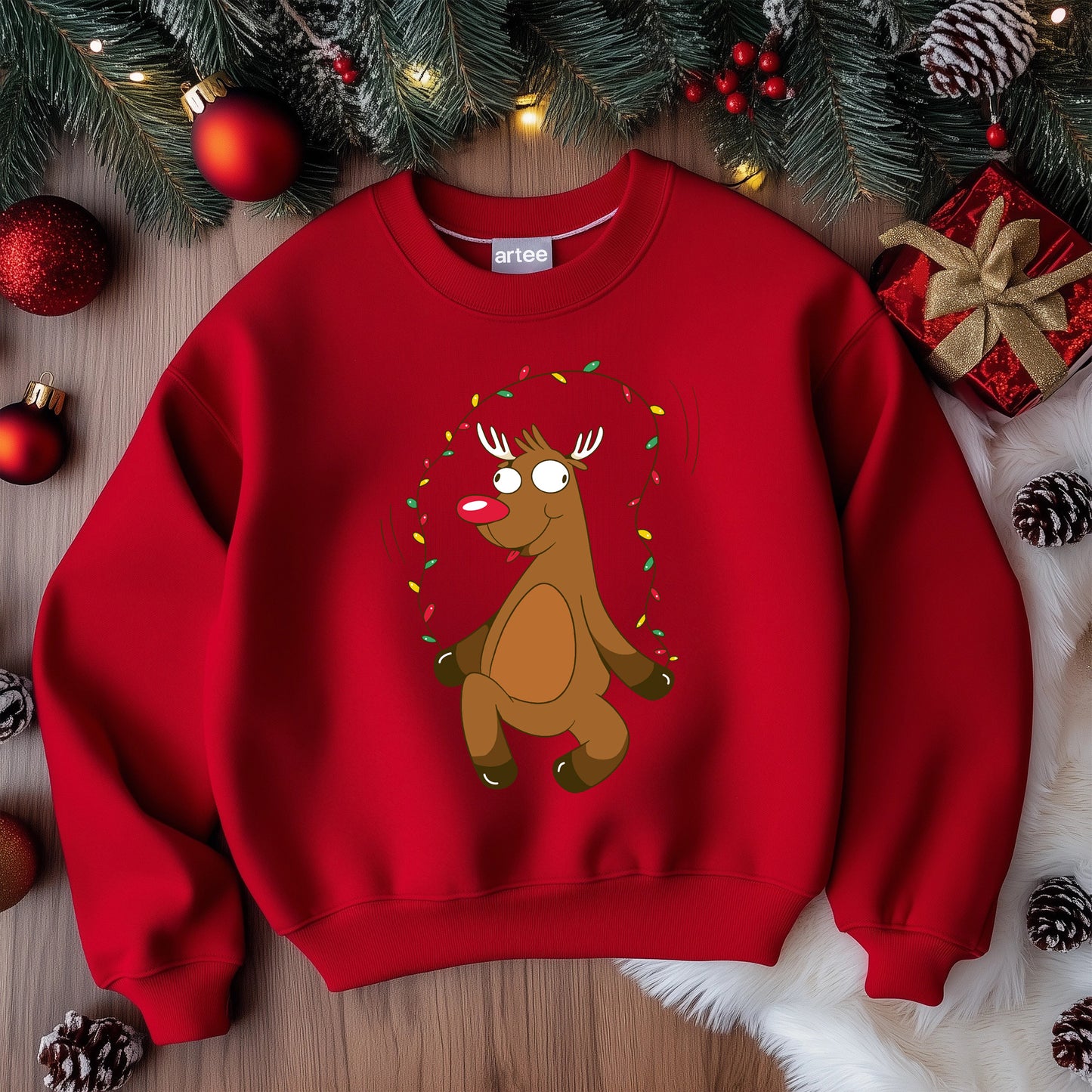 Rotes Sweatshirt mit Rentier- und Weihnachtsbeleuchtung - Festliche Feiertagskleidung