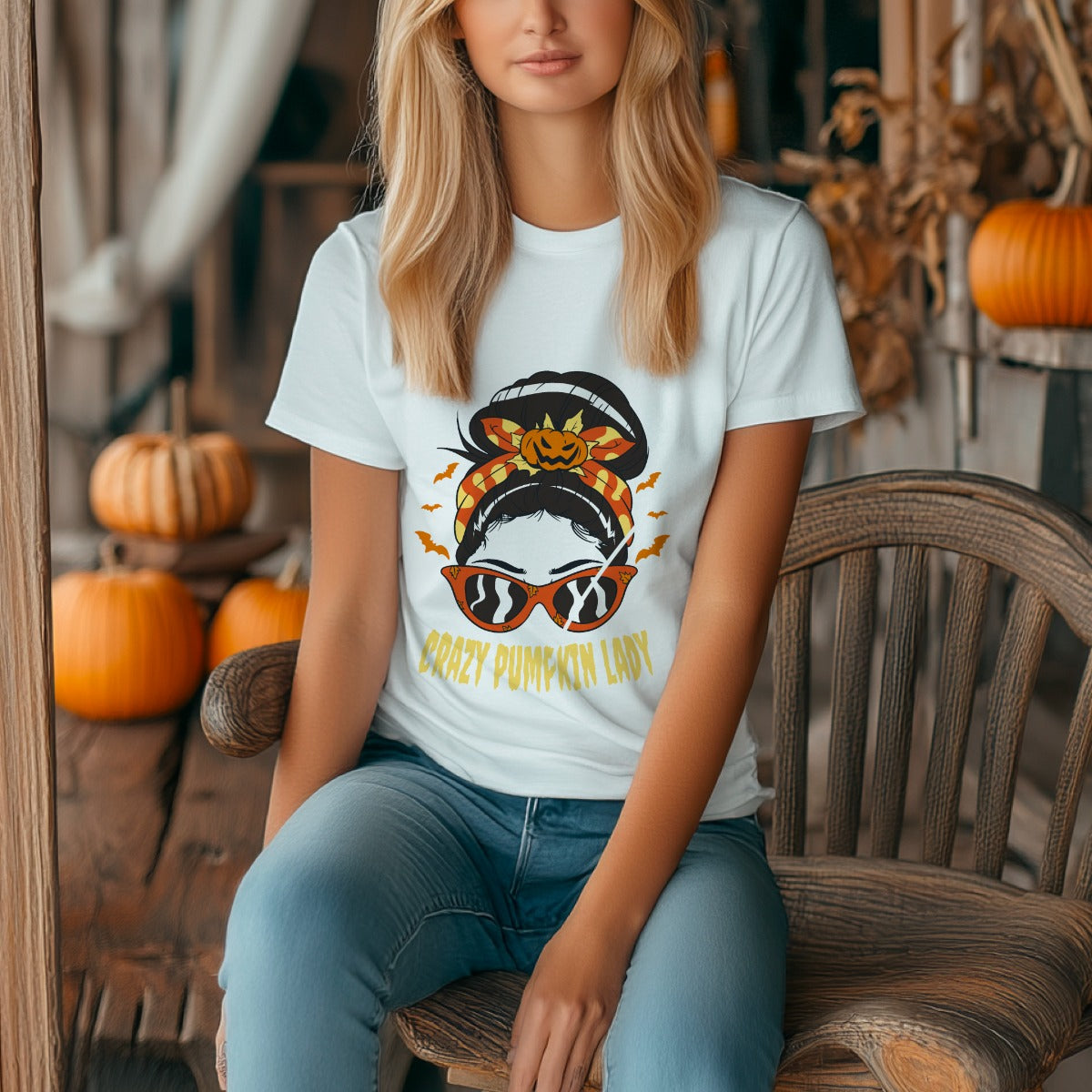 Crazy Pumpkin Lady Witch Halloween Graphic Organic Cotton T-Shirt