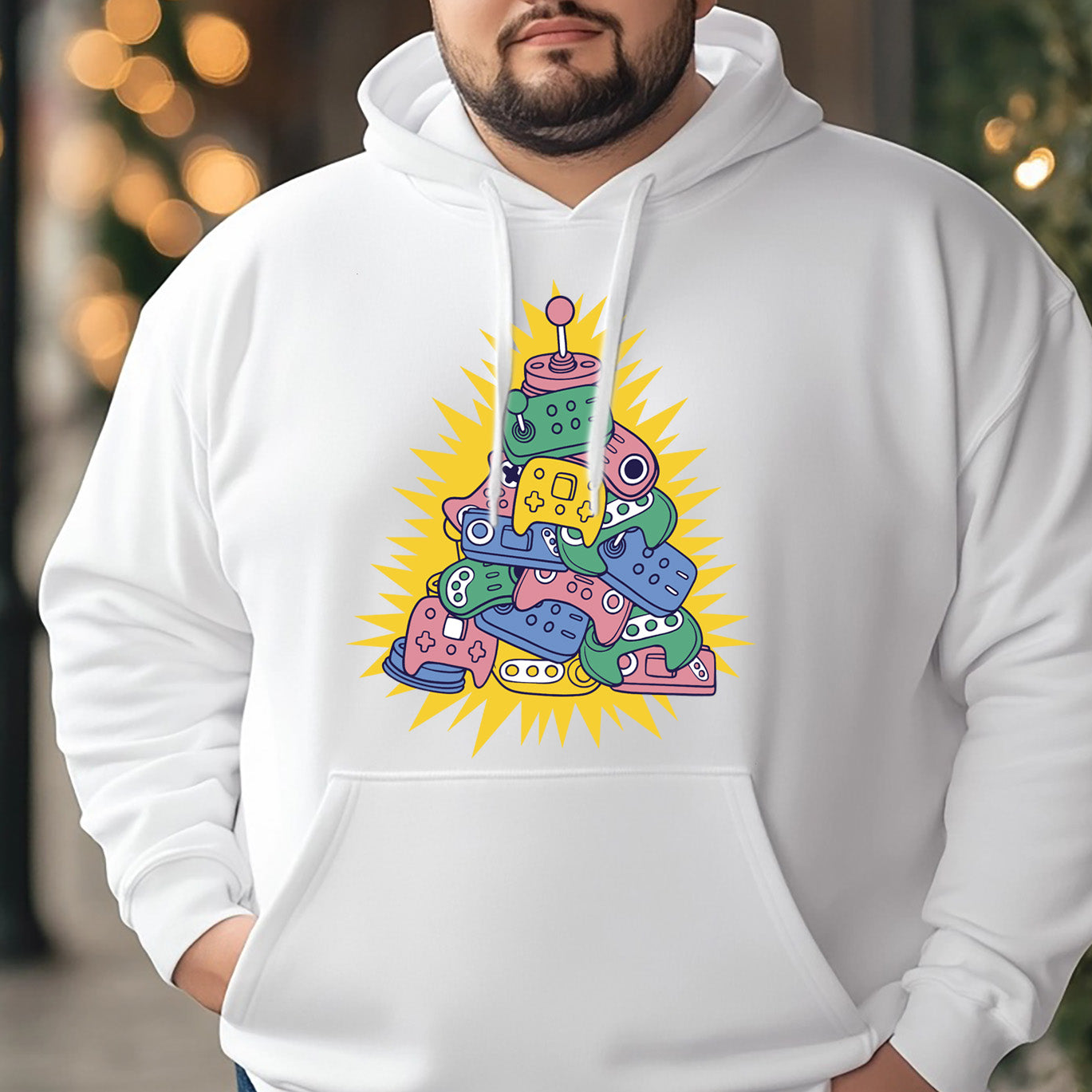 Weißer Weihnachts-Kapuzenpullover mit Baum-Joystick-Design, festliche Kleidung