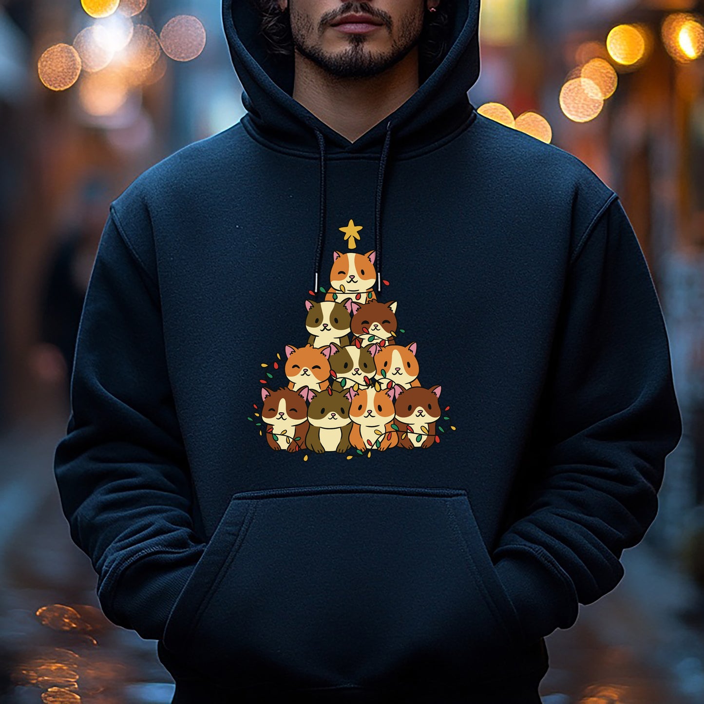 Schwarzer Weihnachts-Kapuzenpullover für Herren mit Hamster- und Baum-Design