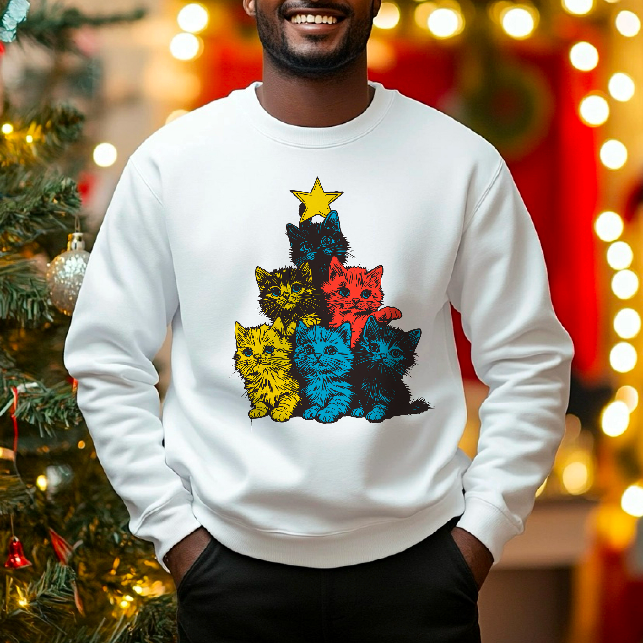 Andy Warhol-Inspired Festive Cats Christmas Tree White Sweatshirt
