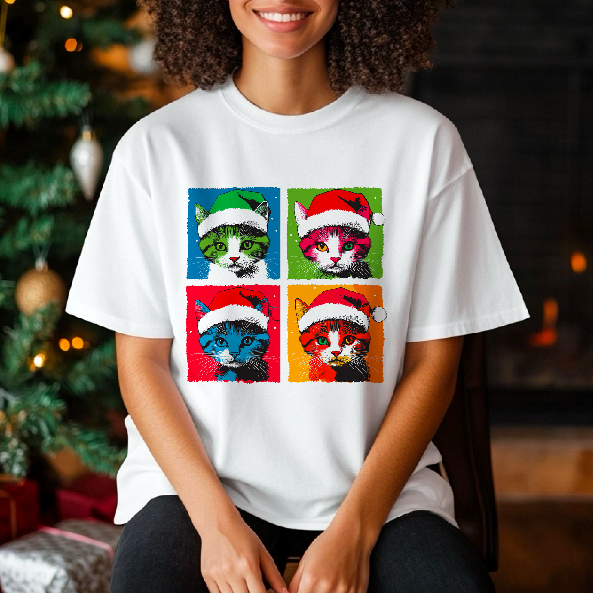 Andy Warhol Inspired Festive Cats White T-Shirt - White Christmas Edition