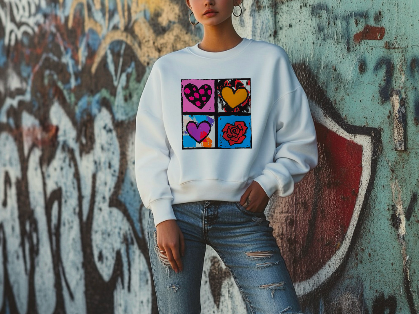 Andy Warhol Inspired Heart & Rose Pop Art Sweatshirt - Perfect Valentine Gift for Art Lovers