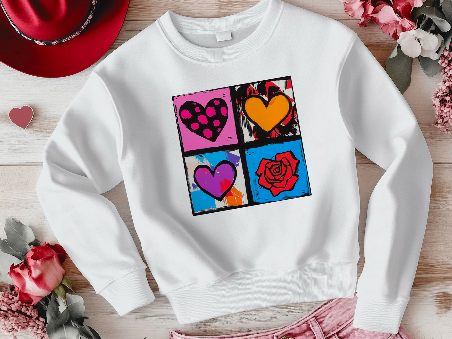 Andy Warhol Inspired Heart & Rose Pop Art Sweatshirt - Perfect Valentine Gift for Art Lovers