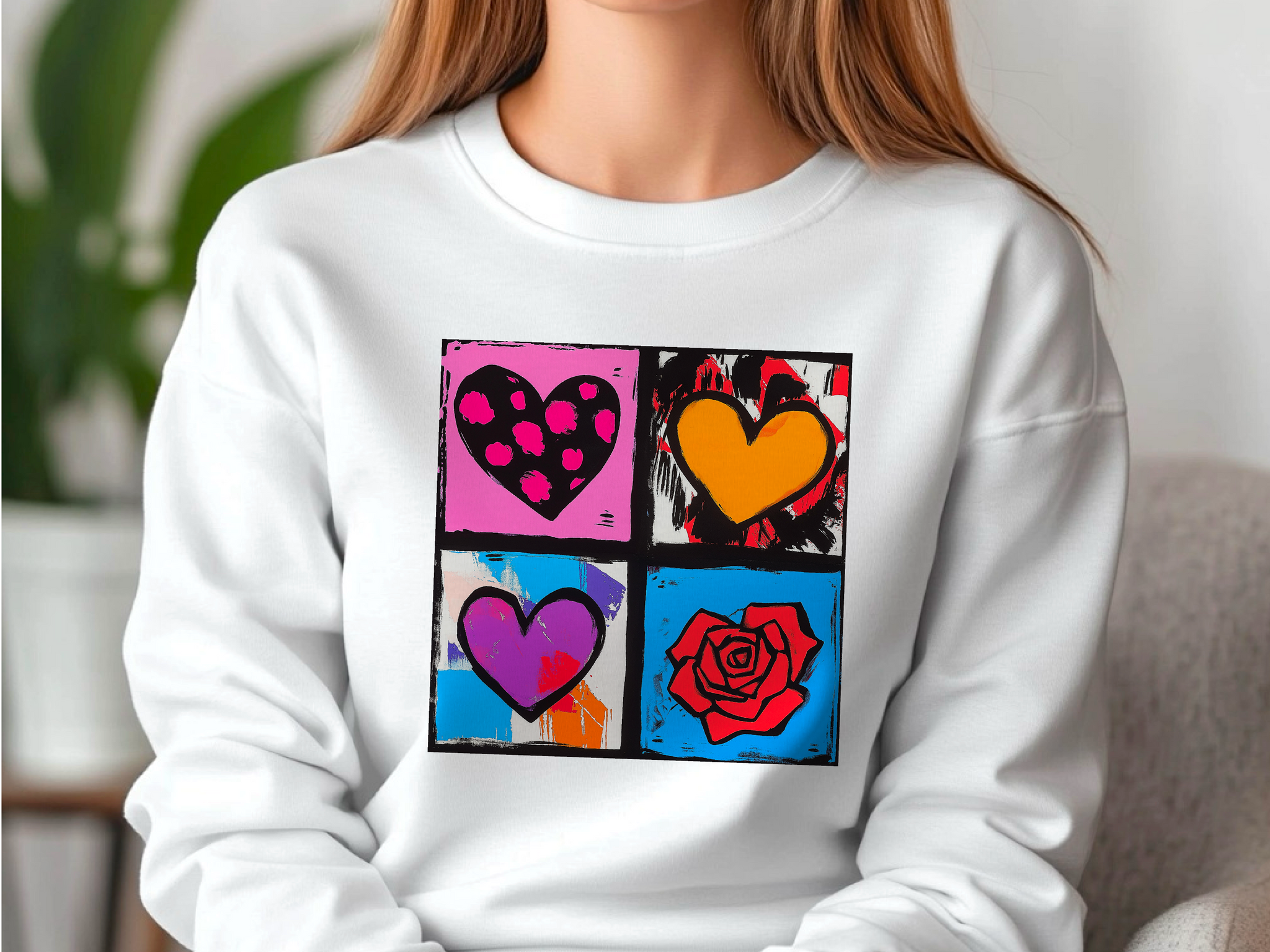 Andy Warhol Inspired Heart & Rose Pop Art Sweatshirt - Perfect Valentine Gift for Art Lovers