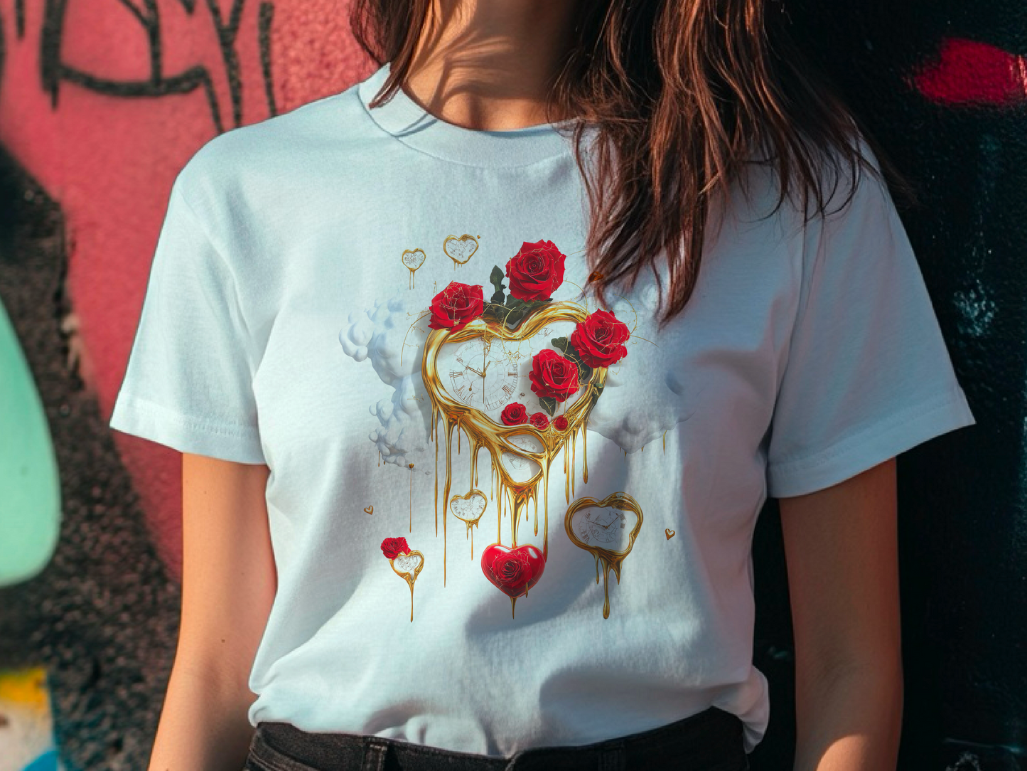 Vintage Heart T-Shirt – Dali-Inspired Art Shirt with Roses – Perfect Valentine’s Gift