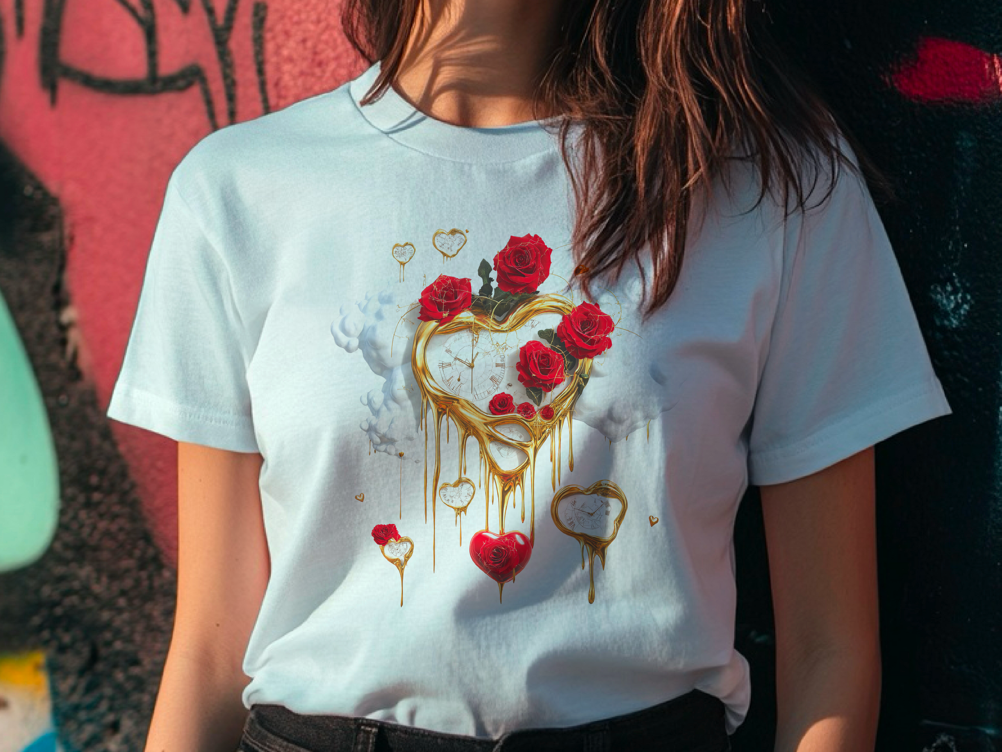 Vintage Heart T-Shirt – Dali-Inspired Art Shirt with Roses – Perfect Valentine’s Gift
