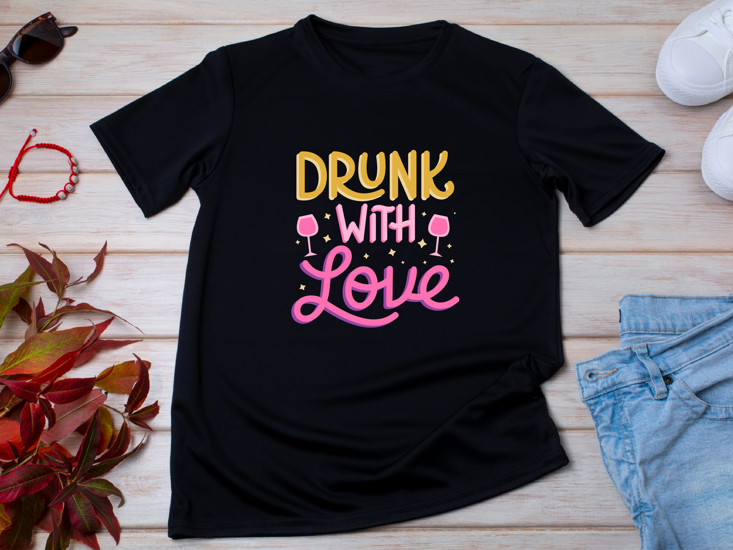 Drunk With Love T-Shirt – Funny Wedding Party Shirt – Bachelorette Drinking Tee – Matching Bridal Crew Shirt – Bride Squad Outfit
