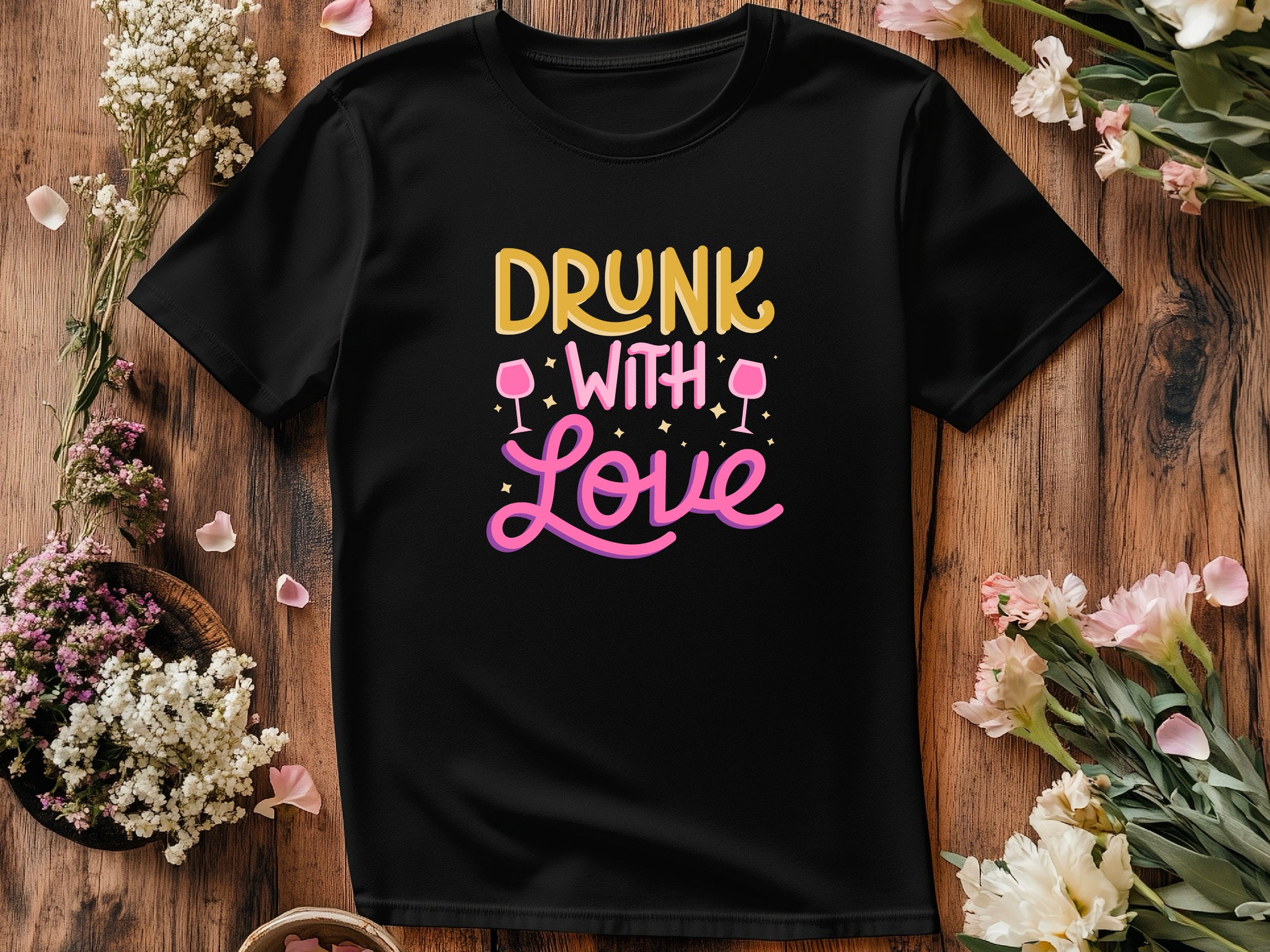 Drunk With Love T-Shirt – Funny Wedding Party Shirt – Bachelorette Drinking Tee – Matching Bridal Crew Shirt – Bride Squad Outfit