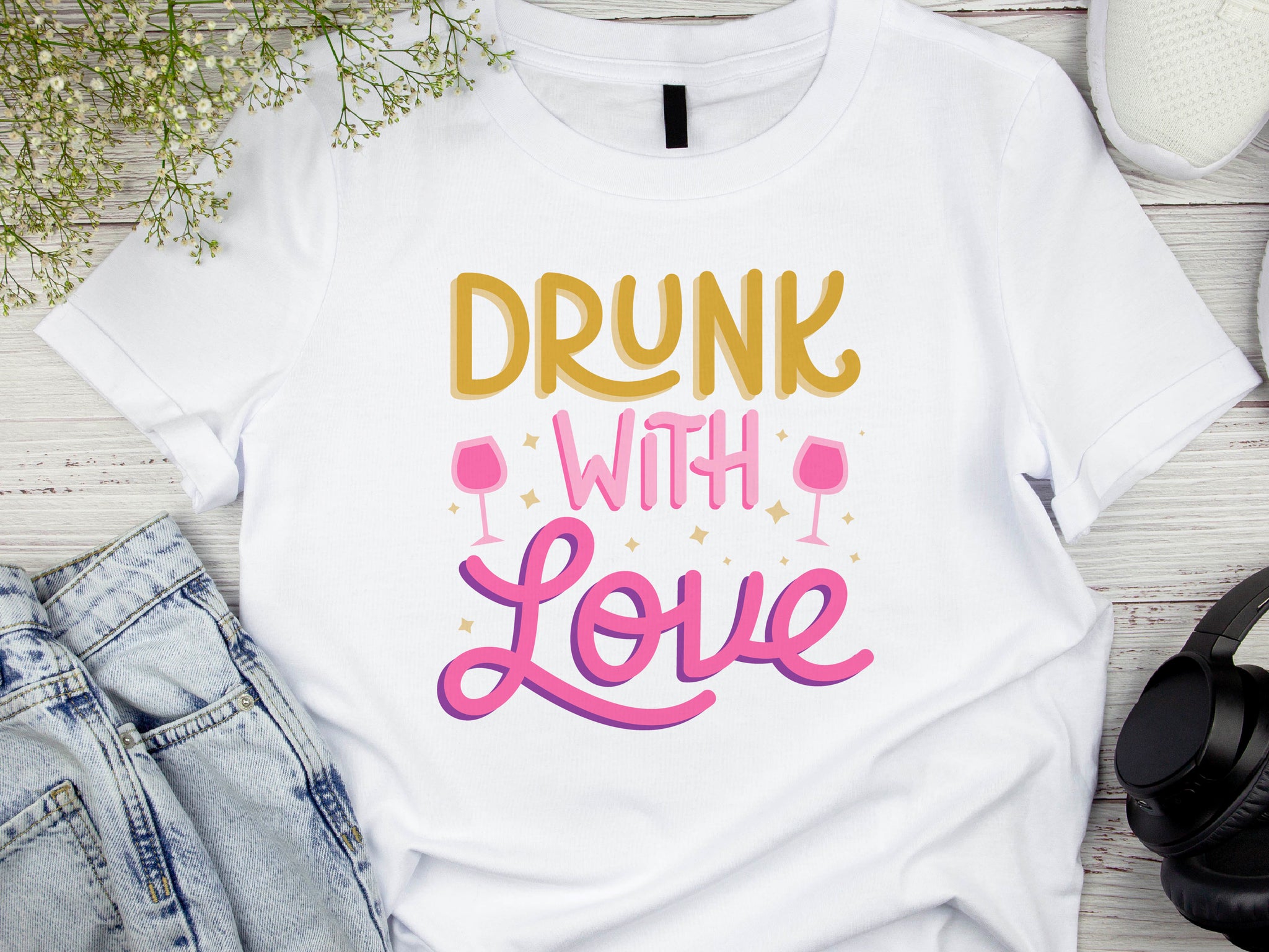 Drunk With Love T-Shirt – Funny Wedding Party Shirt – Bachelorette Drinking Tee – Matching Bridal Crew Shirt – Bride Squad Outfit