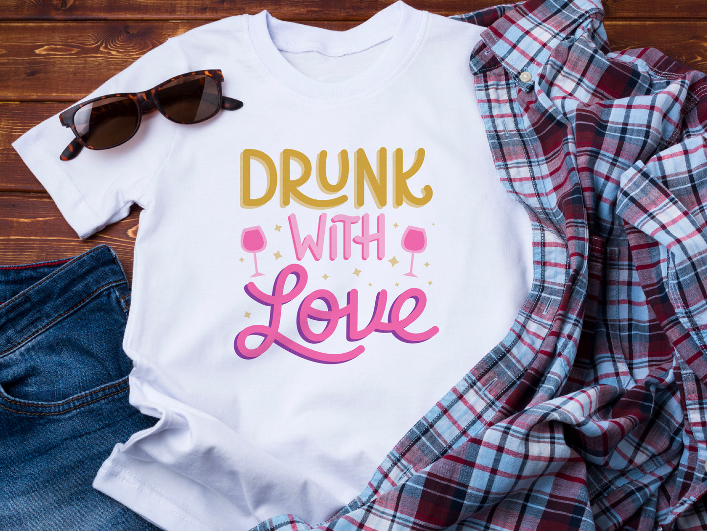 Drunk With Love T-Shirt – Funny Wedding Party Shirt – Bachelorette Drinking Tee – Matching Bridal Crew Shirt – Bride Squad Outfit
