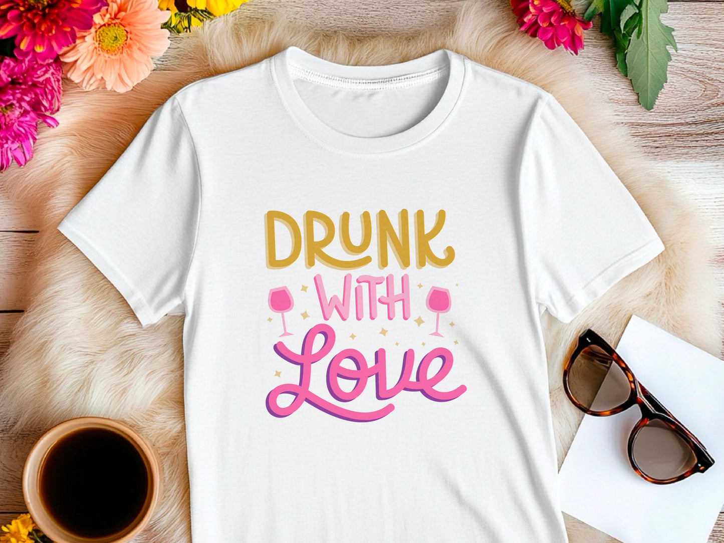 Drunk With Love T-Shirt – Funny Wedding Party Shirt – Bachelorette Drinking Tee – Matching Bridal Crew Shirt – Bride Squad Outfit