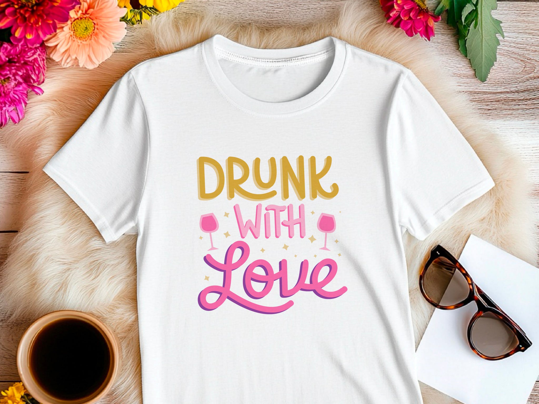 Drunk With Love T-Shirt – Funny Wedding Party Shirt – Bachelorette Drinking Tee – Matching Bridal Crew Shirt – Bride Squad Outfit