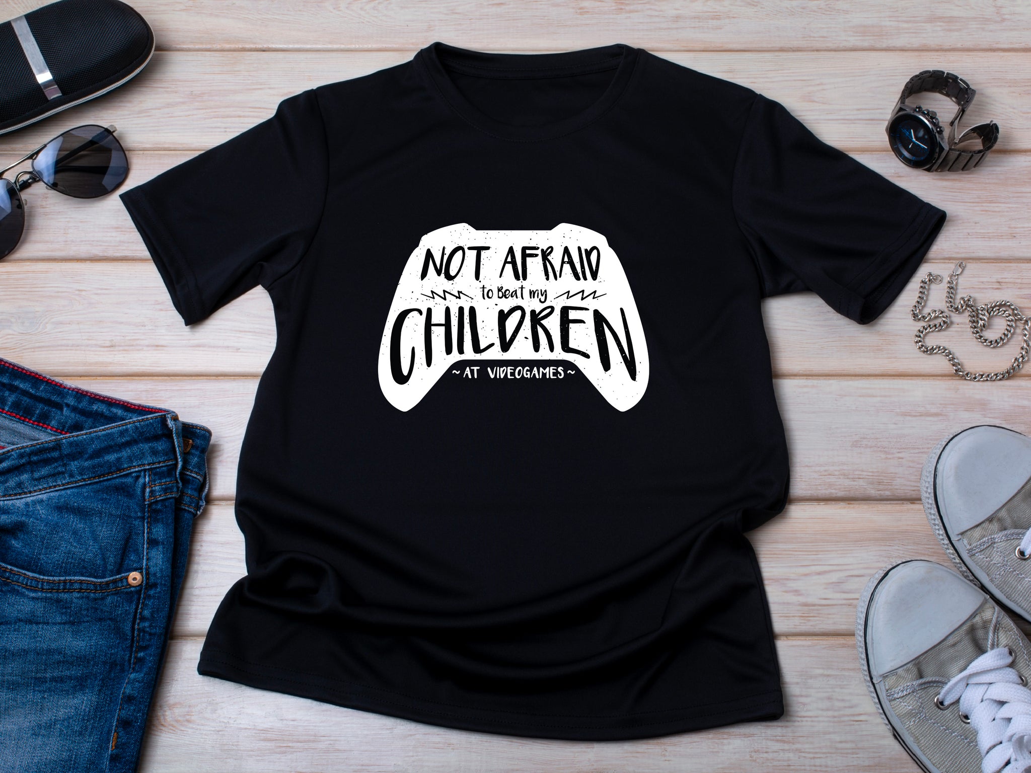 Funny Fathers Day Shirt – Not Afraid to Beat My Kids at Video Games – Gamer Dad Tee – Gift from Kids – Cool Dad Gift