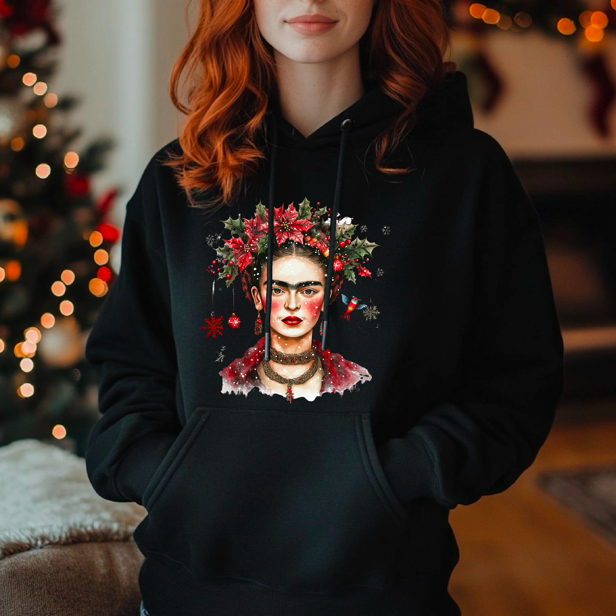 Frida Kahlo-Inspired Festive Black Hoodie: Holiday Artistic Apparel