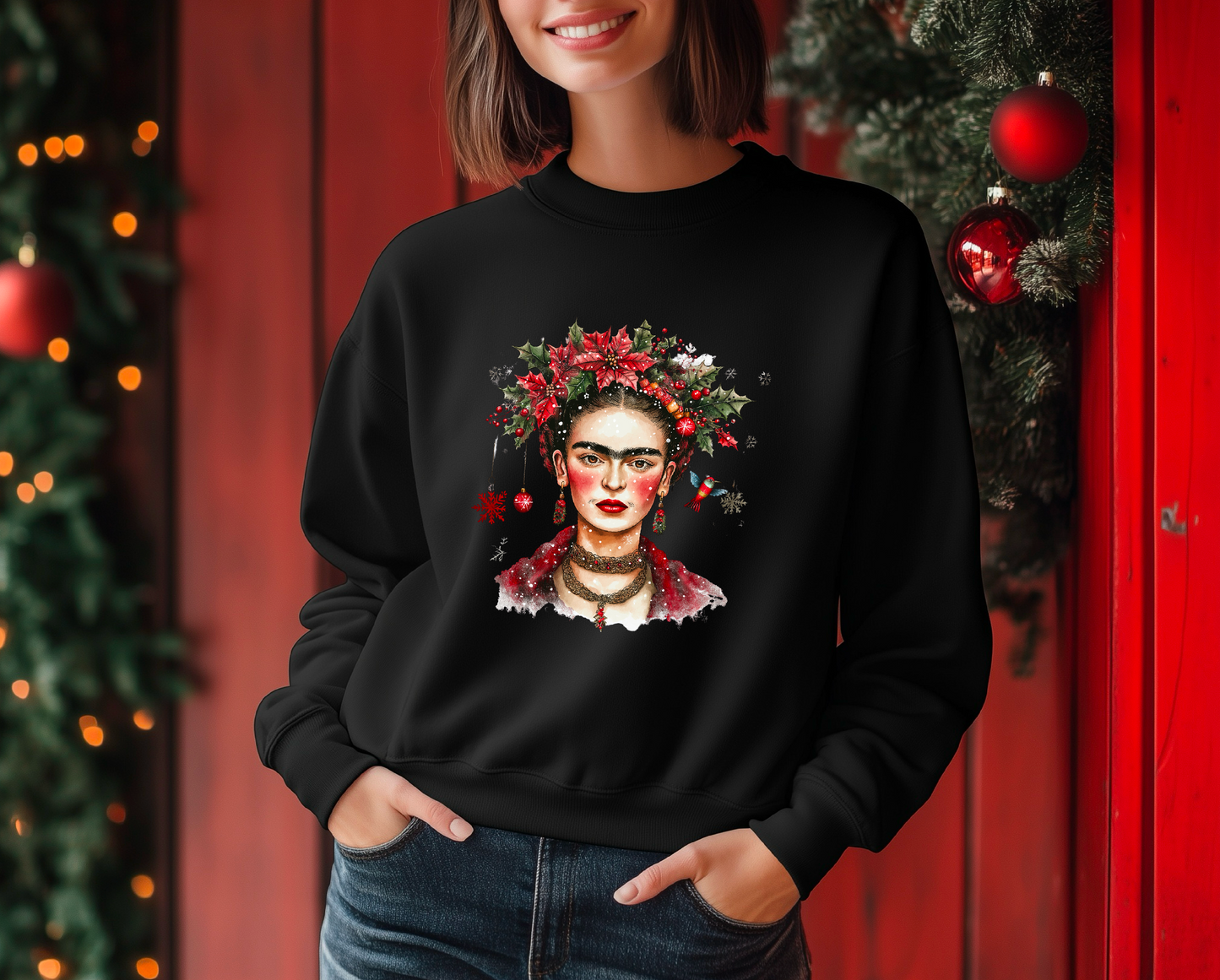 Frida Kahlo-Inspired Festive Black Christmas Sweatshirt