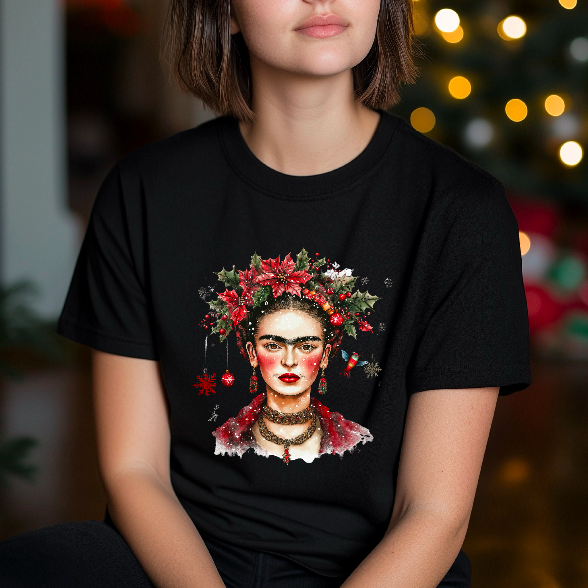 A person wearing a black T-shirt with a colorful illustration of Frida Kahlo in a Christmas-themed setting.
