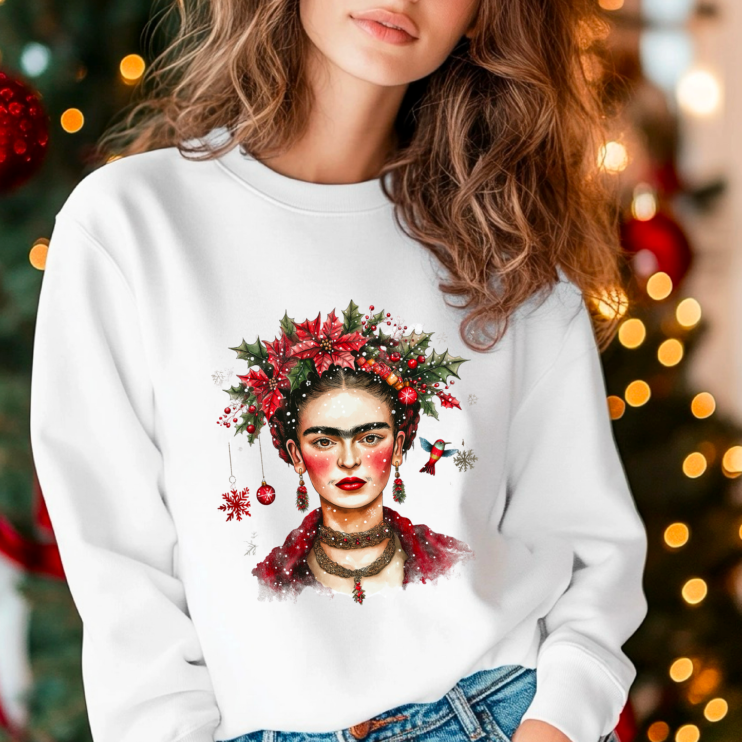 Frida Kahlo-Inspired Festive Holiday White Sweatshirt