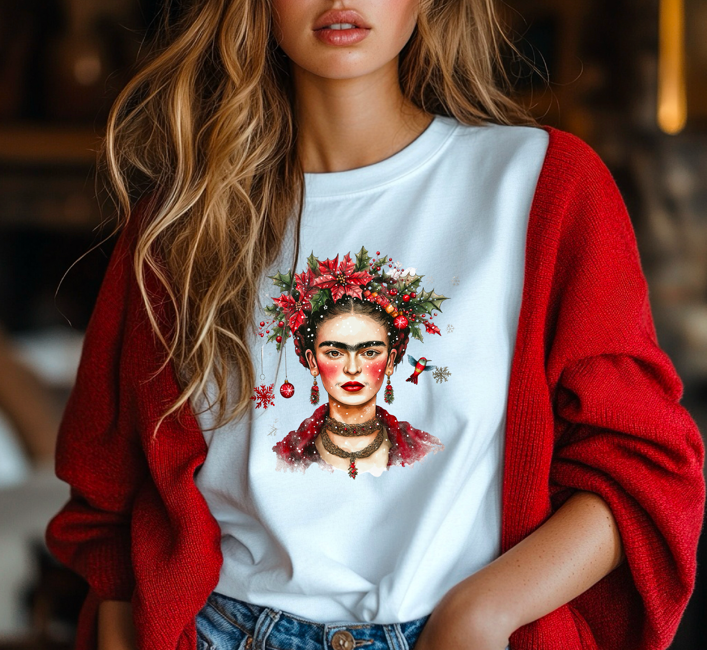 Frida Kahlo Inspired Festive Christmas T-Shirt with Unique Artistic Design