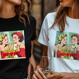 wo women wearing black t-shirts with a vintage design of two women toasting champagne glasses, celebrating Galentine's Day.