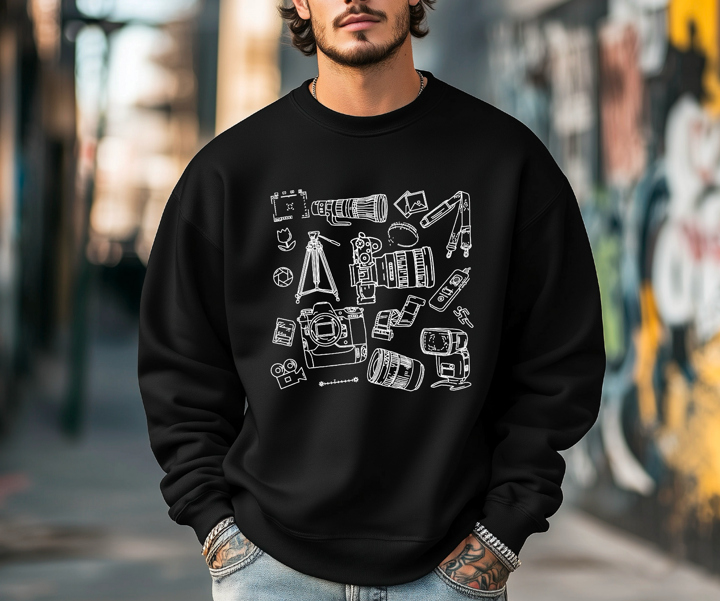 Artistic Photo Doodle Crewneck Sweatshirt - Unique Graphic Print Pullover