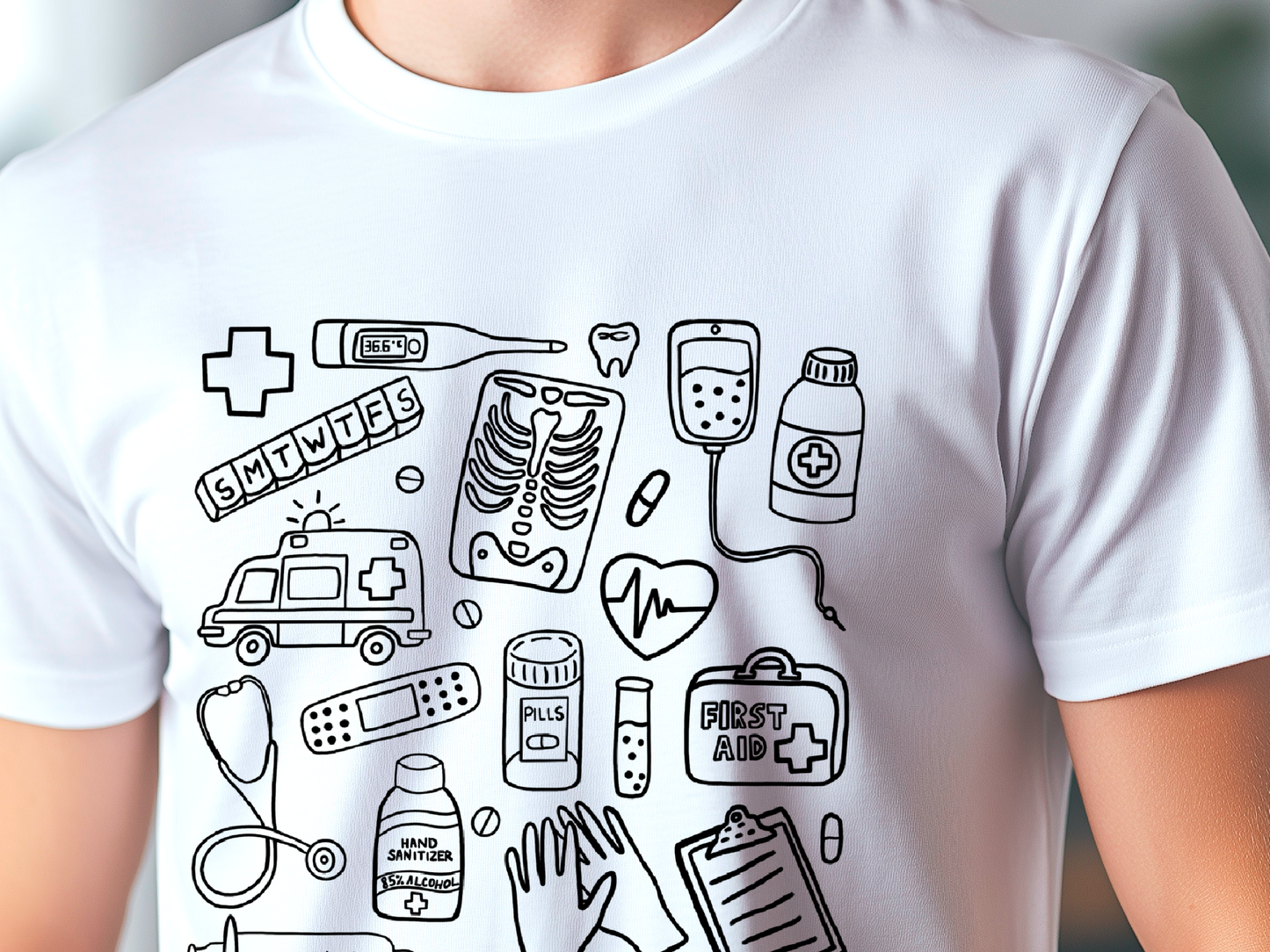 Farbenfrohes T-Shirt mit medizinischem Doodle-Print – stylische und lustige Kleidung zum Thema Gesundheit