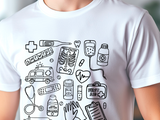Farbenfrohes T-Shirt mit medizinischem Doodle-Print – stylische und lustige Kleidung zum Thema Gesundheit