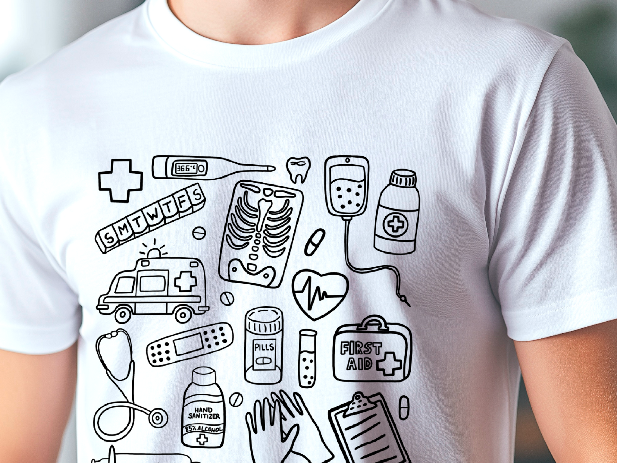 Farbenfrohes T-Shirt mit medizinischem Doodle-Print – stylische und lustige Kleidung zum Thema Gesundheit