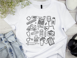 Farbenfrohes T-Shirt mit medizinischem Doodle-Print – stylische und lustige Kleidung zum Thema Gesundheit