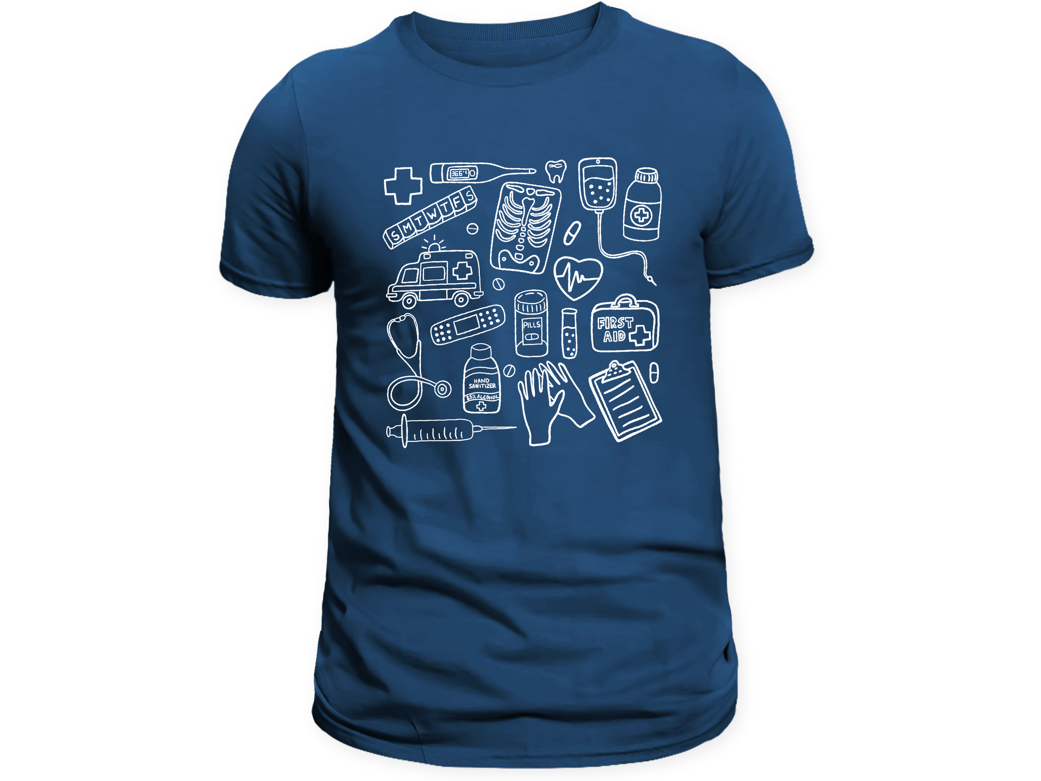 Farbenfrohes T-Shirt mit medizinischem Doodle-Print – stylische und lustige Kleidung zum Thema Gesundheit