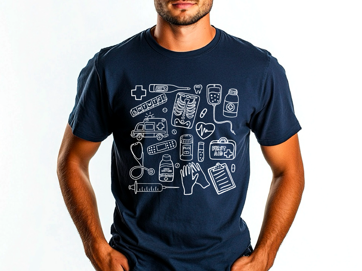 Farbenfrohes T-Shirt mit medizinischem Doodle-Print – stylische und lustige Kleidung zum Thema Gesundheit