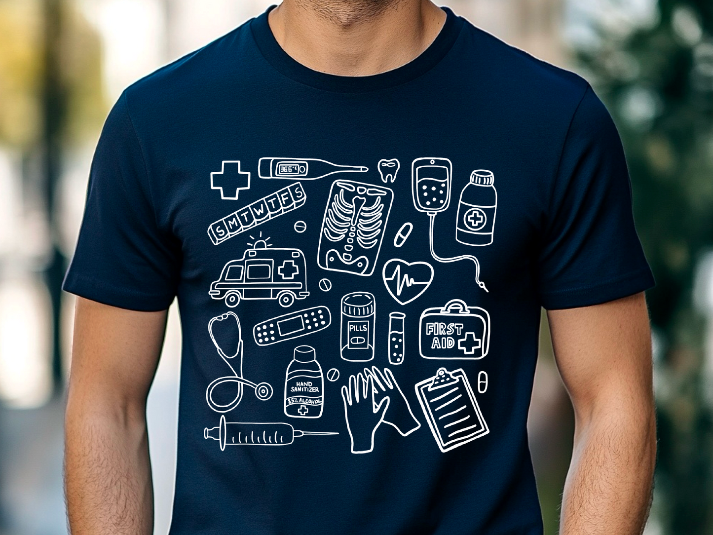 Farbenfrohes T-Shirt mit medizinischem Doodle-Print – stylische und lustige Kleidung zum Thema Gesundheit