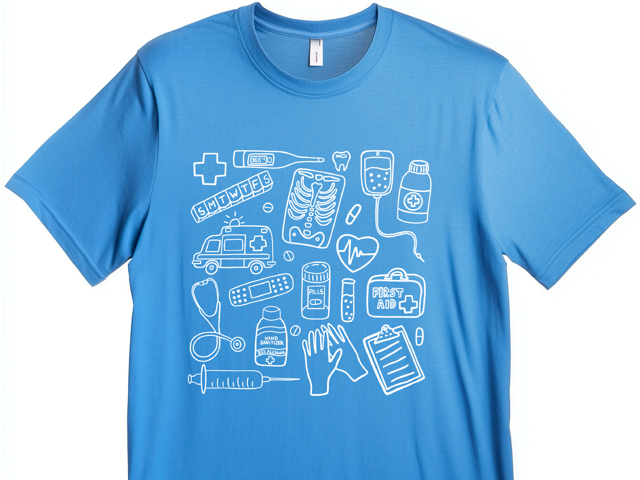 Farbenfrohes T-Shirt mit medizinischem Doodle-Print – stylische und lustige Kleidung zum Thema Gesundheit