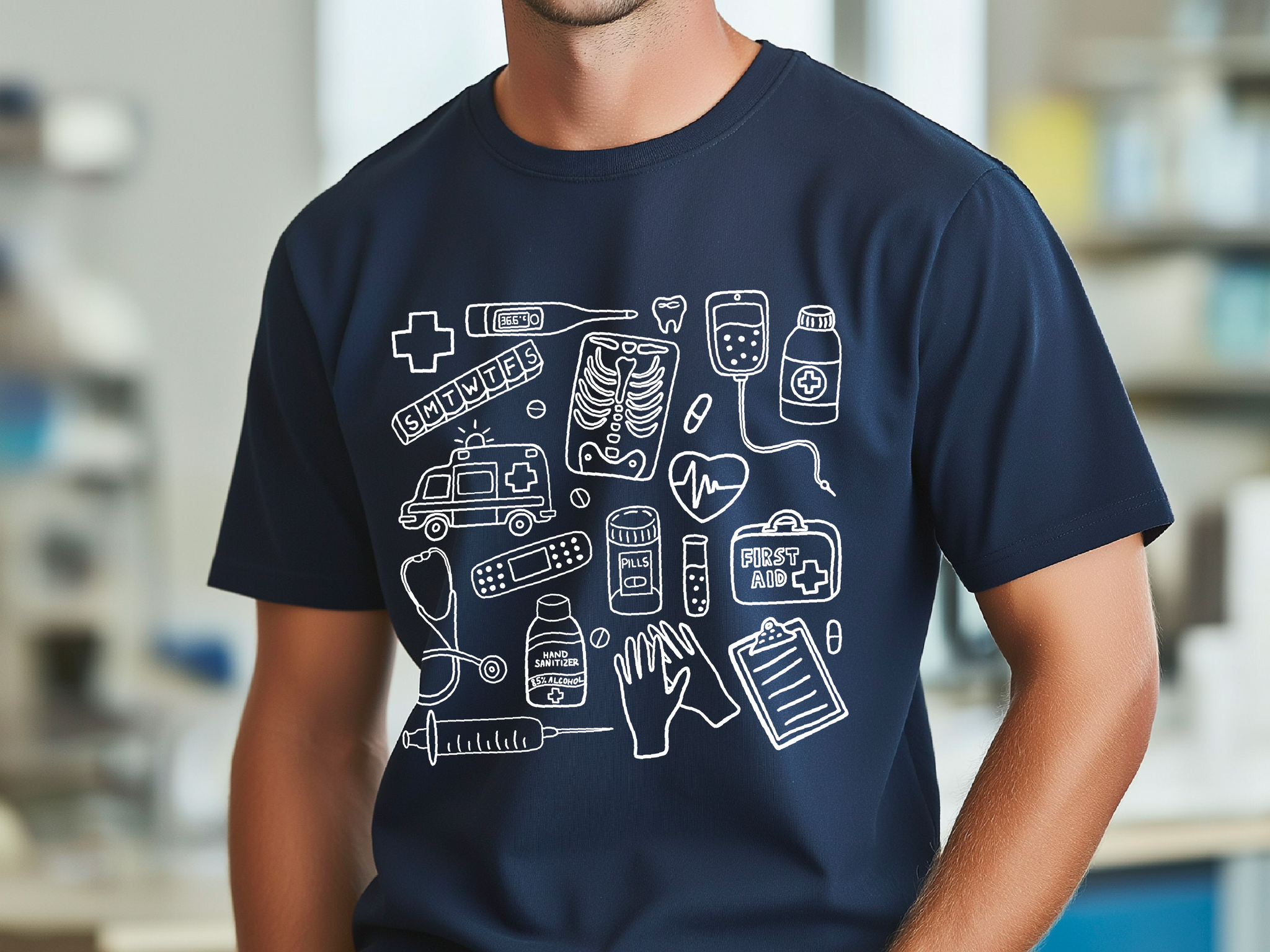 Farbenfrohes T-Shirt mit medizinischem Doodle-Print – stylische und lustige Kleidung zum Thema Gesundheit
